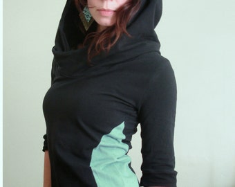 half sleeved hooded tunic dress Black/Mint color block sides