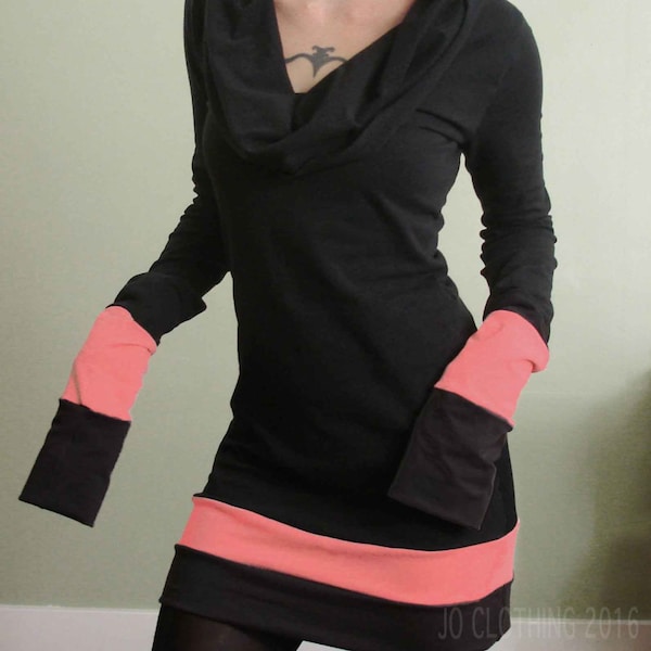 cowl tunic dress /extra long sleeves Black with Coral Pink