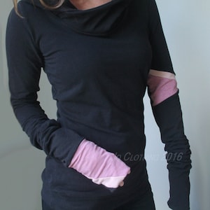 Hooded top/ Extra long sleeves/ Black with Pink color block details