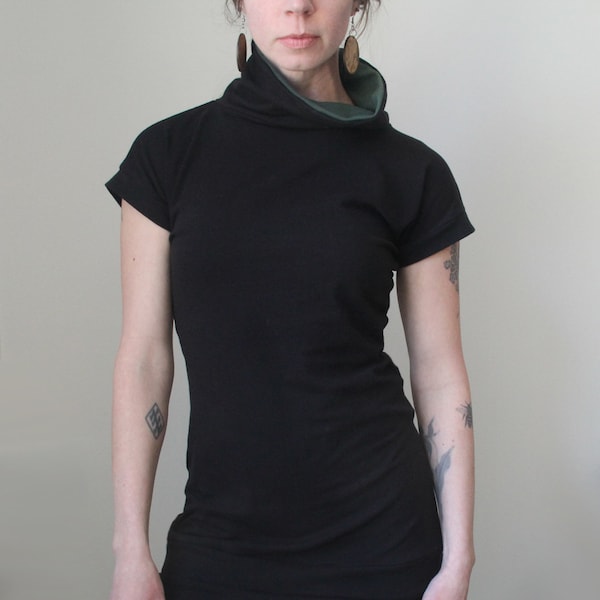 funnel neck tunic dress/short sleeved/Black with Green detail/womens tunic