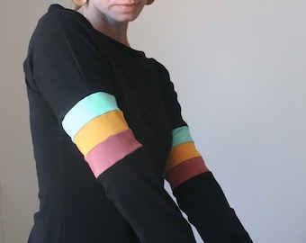 Boatneck top with extra long sleeves/Black with multi color stripes/womens tops