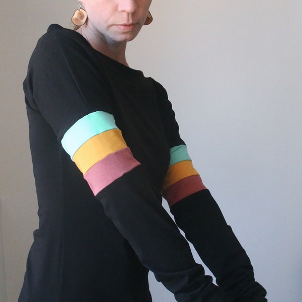 Boatneck top with extra long sleeves/Black with multi color stripes/womens tops