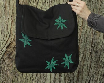 shoulder bag/black canvas/hand printed Northern Starflowers/upcycled