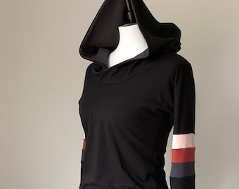 extra long sleeved hooded top/black with blush, rust and cement stripes