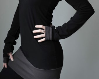 hooded tunic dress extra long sleeves w/thumb holes Black and Cement Grey