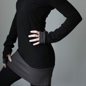 hooded tunic dress extra long sleeves w/thumb holes Black and Cement Grey image 1