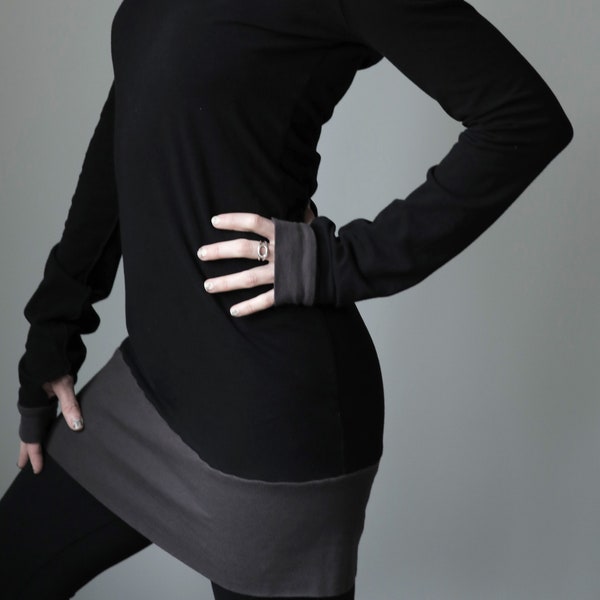 hooded tunic dress extra long sleeves w/thumb holes Black and Cement Grey