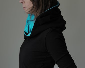 extra long sleeved hooded top Black with Light turquoise Blue