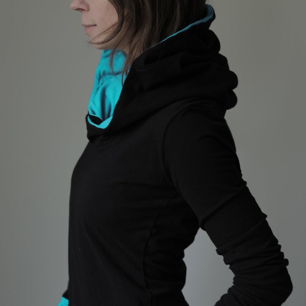 extra long sleeved hooded top Black with Light turquoise Blue