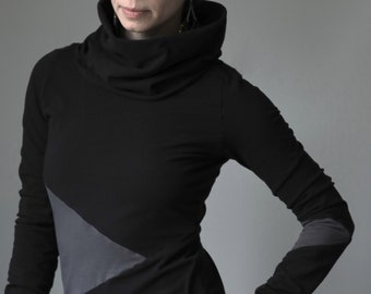 tunic dress| cowl neckline| extra long sleeves| geometric colorblock design| Black with Cement Grey| womens handmade by joclothing