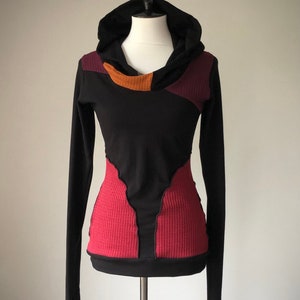extra long sleeved hooded top or tunic dress with pockets/black with copper, ruby and burgundy sweater details