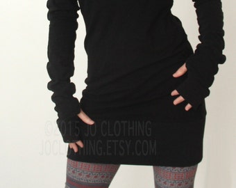 hooded tunic dress with thumb hole sleeves in BLACK/The ORIGINAL