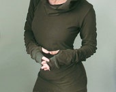 hooded tunic dress with thumb hole sleeves in DARK OLIVE