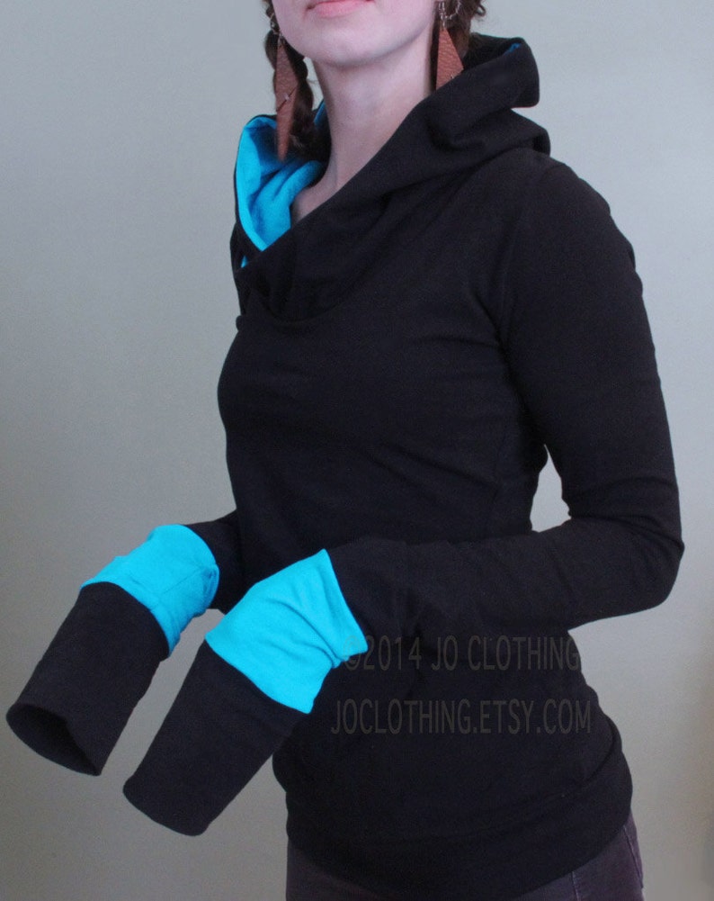 extra long sleeved hooded top Black with Light turquoise Blue image 3