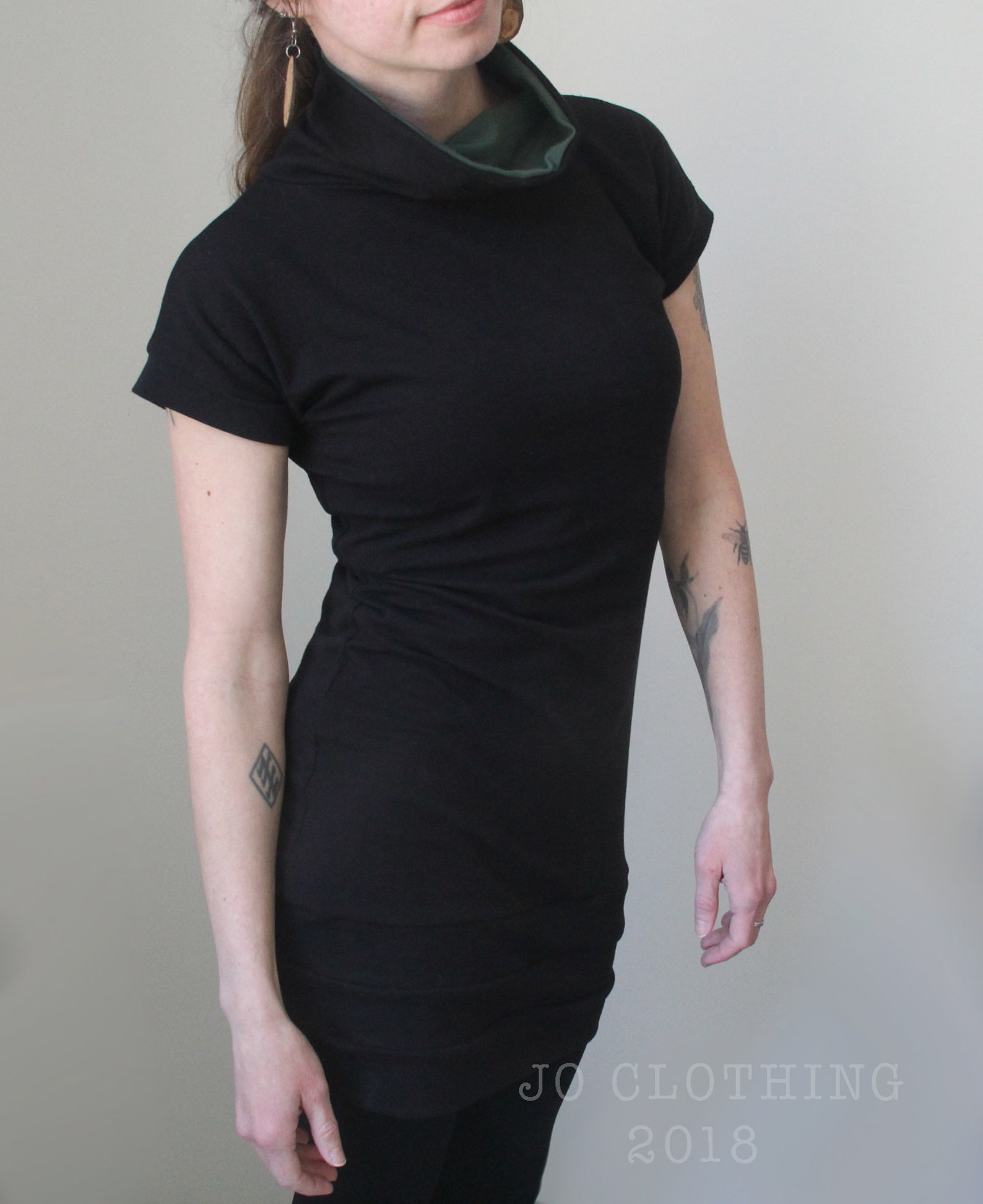 Funnel Neck Tunic Dress/short Sleeved/black With Forest Green - Etsy