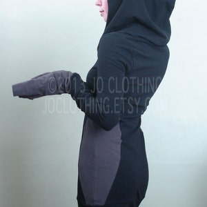 extra long sleeved hooded tunic dress Black/Cement color block sides image 2