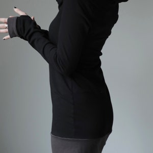 hooded tunic dress extra long sleeves w/thumb holes Black and Cement Grey image 2