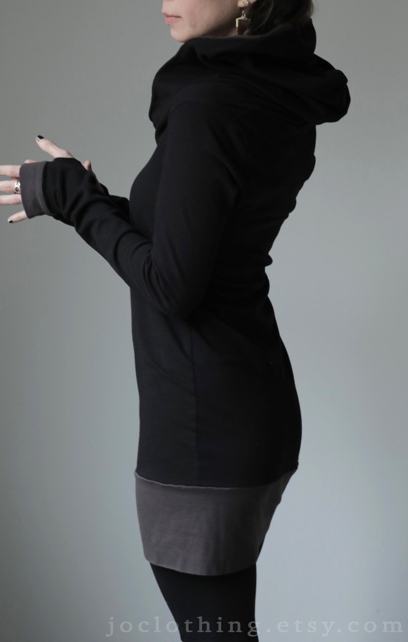 hooded tunic dress extra long sleeves w/thumb holes Black and Cement Grey image 2
