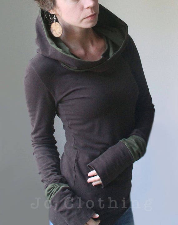 extra long sleeved hooded topDark Brown with Cement GreySmokey Teal Blue