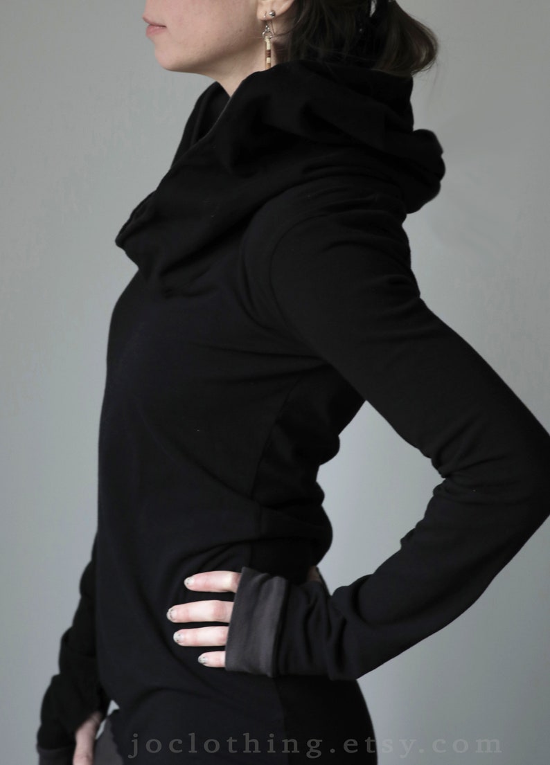 hooded tunic dress extra long sleeves w/thumb holes Black and Cement Grey image 3