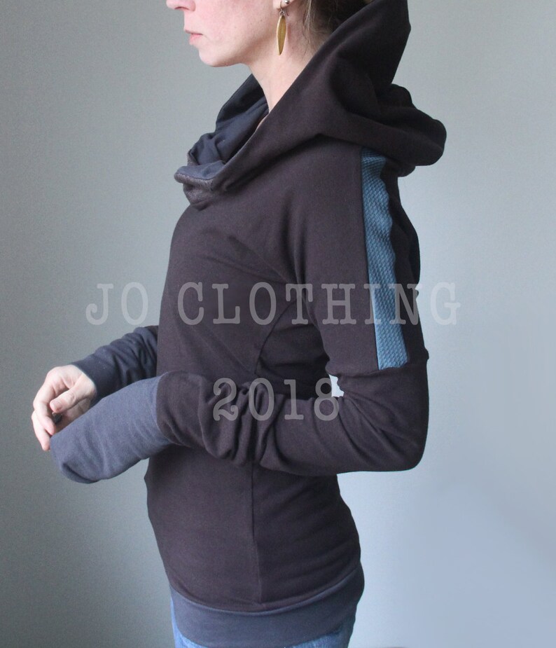 extra long sleeved hooded topDark Brown with Cement GreySmokey Teal Blue