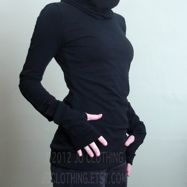 turtleneck cowl top with thumb hole sleeves in Black
