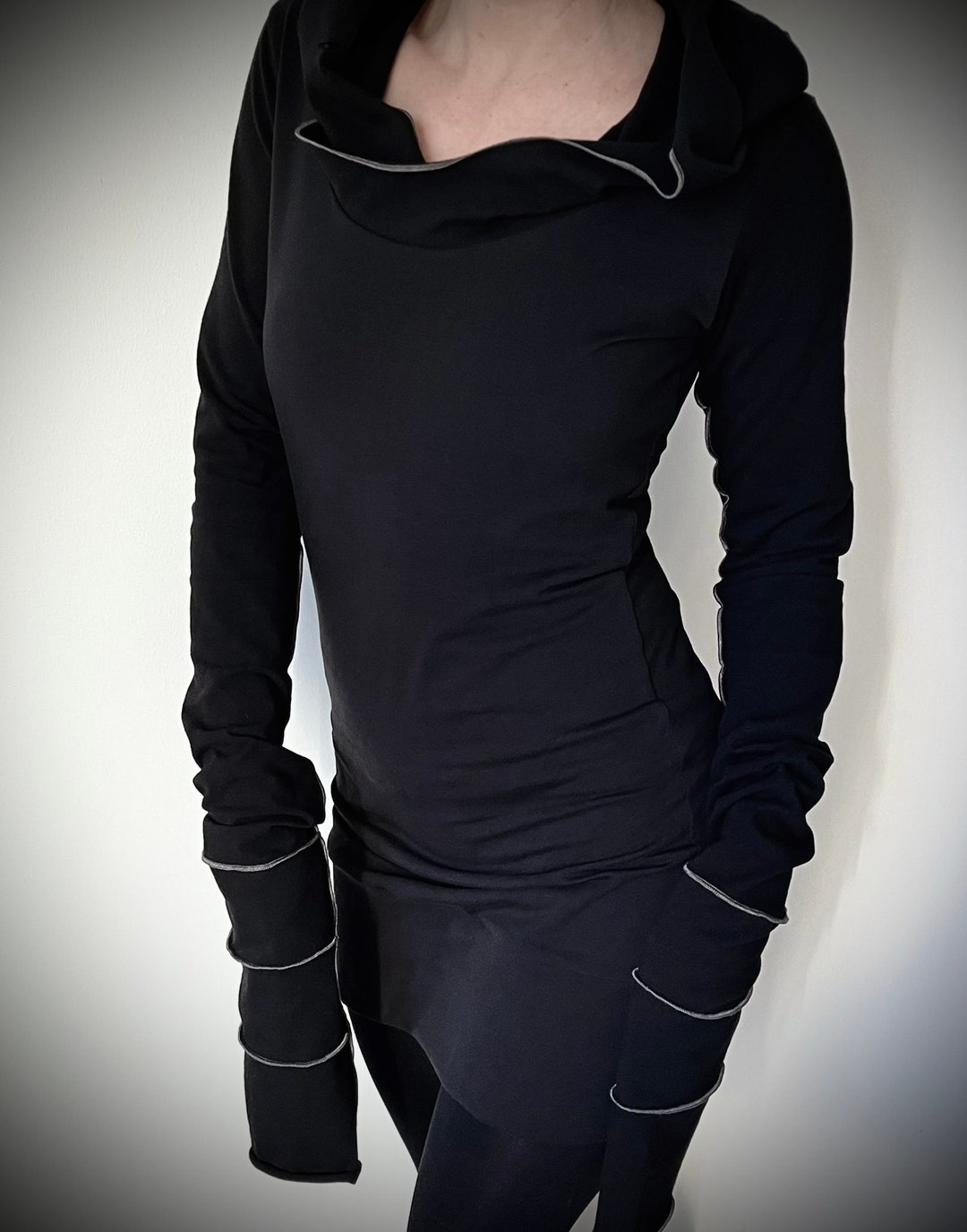 Hooded Tunic Dress/extra Long Sleeves in BLACK With Grey - Etsy