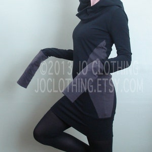 extra long sleeved hooded tunic dress Black/Cement color block sides image 5