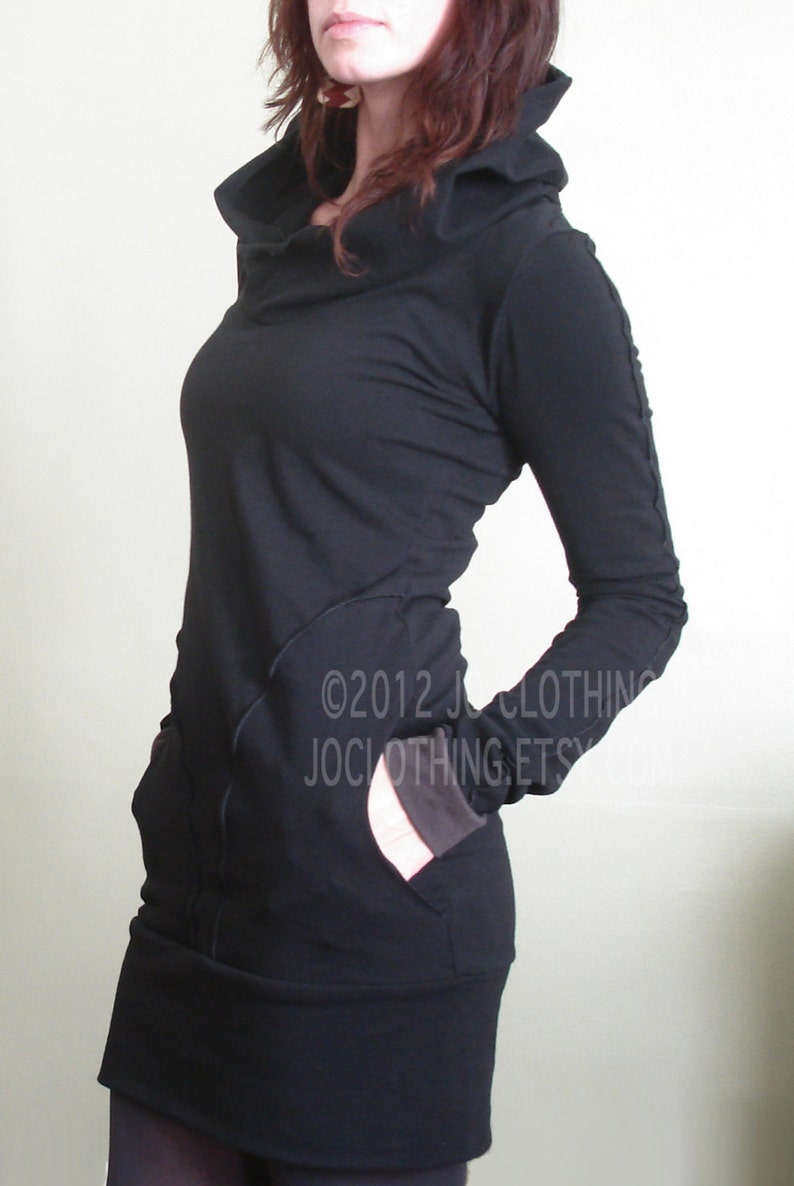 Hooded Tunic Dress With Pockets Black/cement Cuffs - Etsy