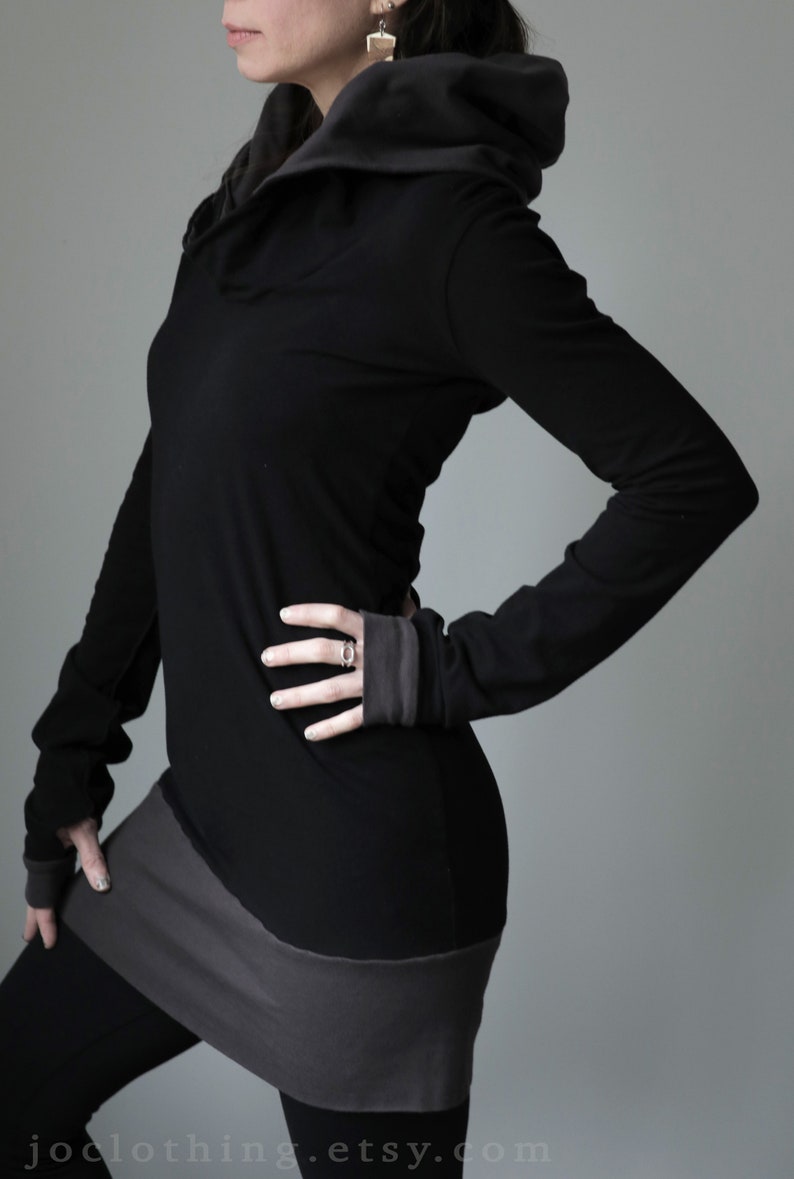 hooded tunic dress extra long sleeves w/thumb holes Black and Cement Grey image 1