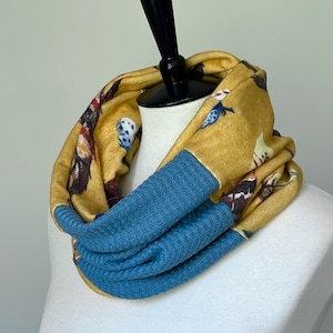 cowl infinity sweater scarf/golden yellow feather print with pale blue