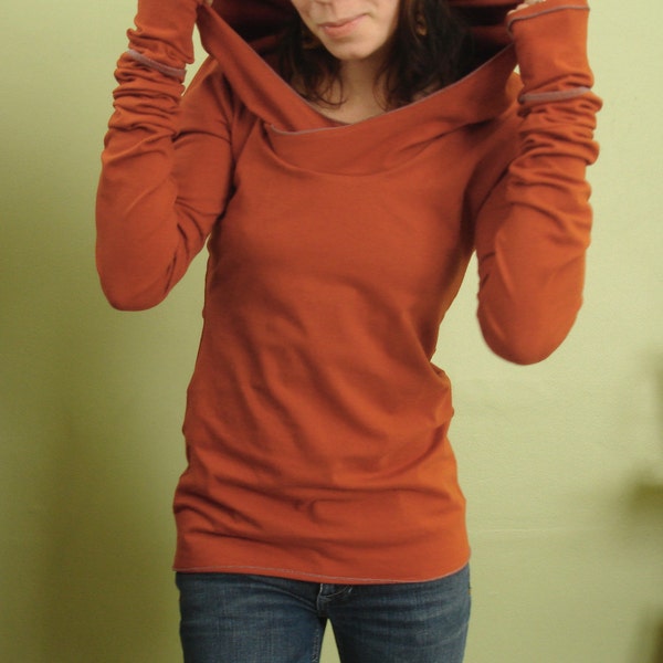 extra long sleeved hooded top Rust Orange