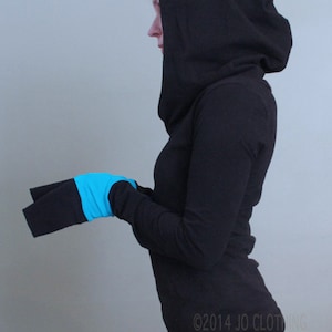 extra long sleeved hooded top Black with Light turquoise Blue image 4