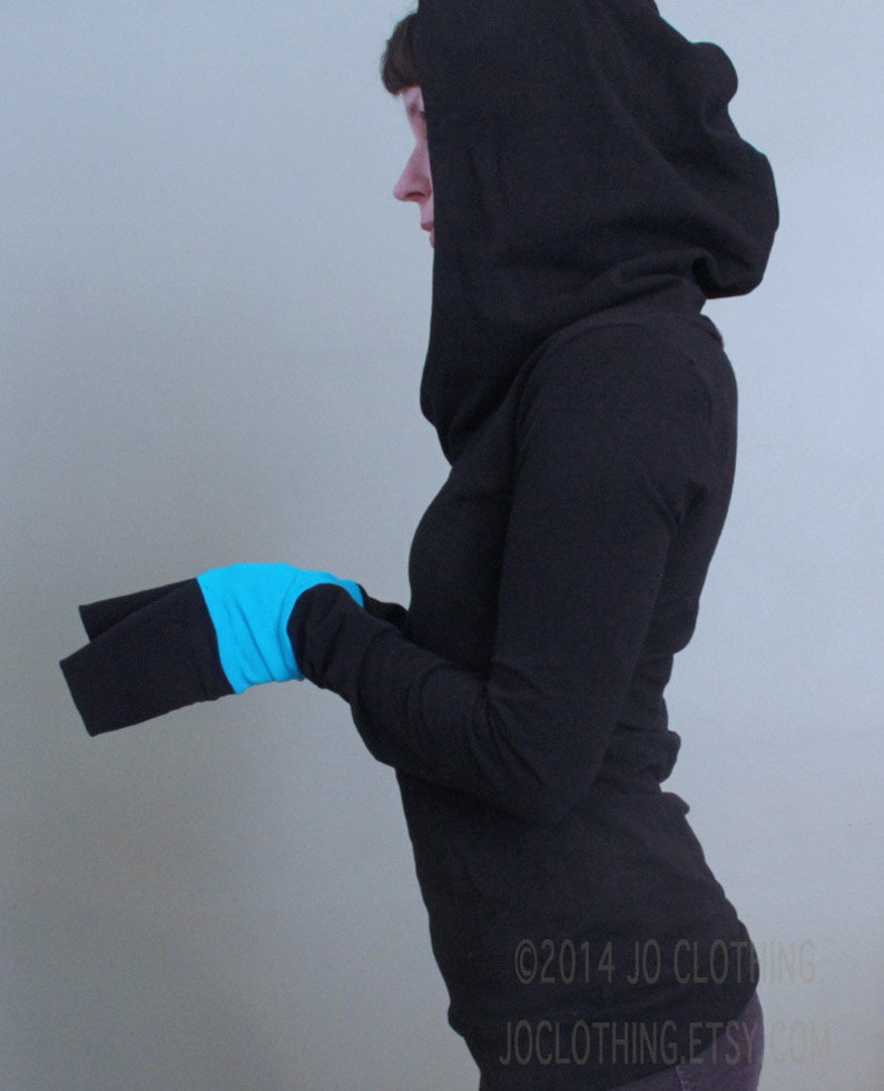 extra long sleeved hooded top Black with Light turquoise Blue image 4