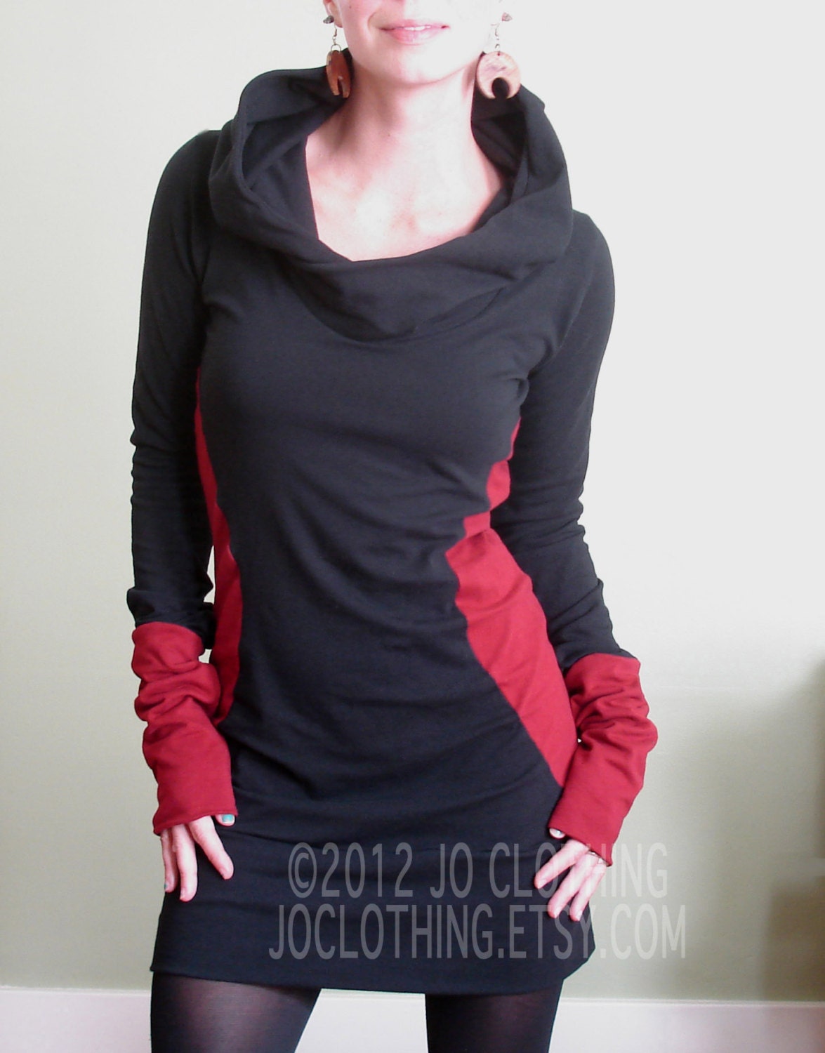 Extra Long Sleeved Hooded Tunic Dress Black/red Color Block - Etsy