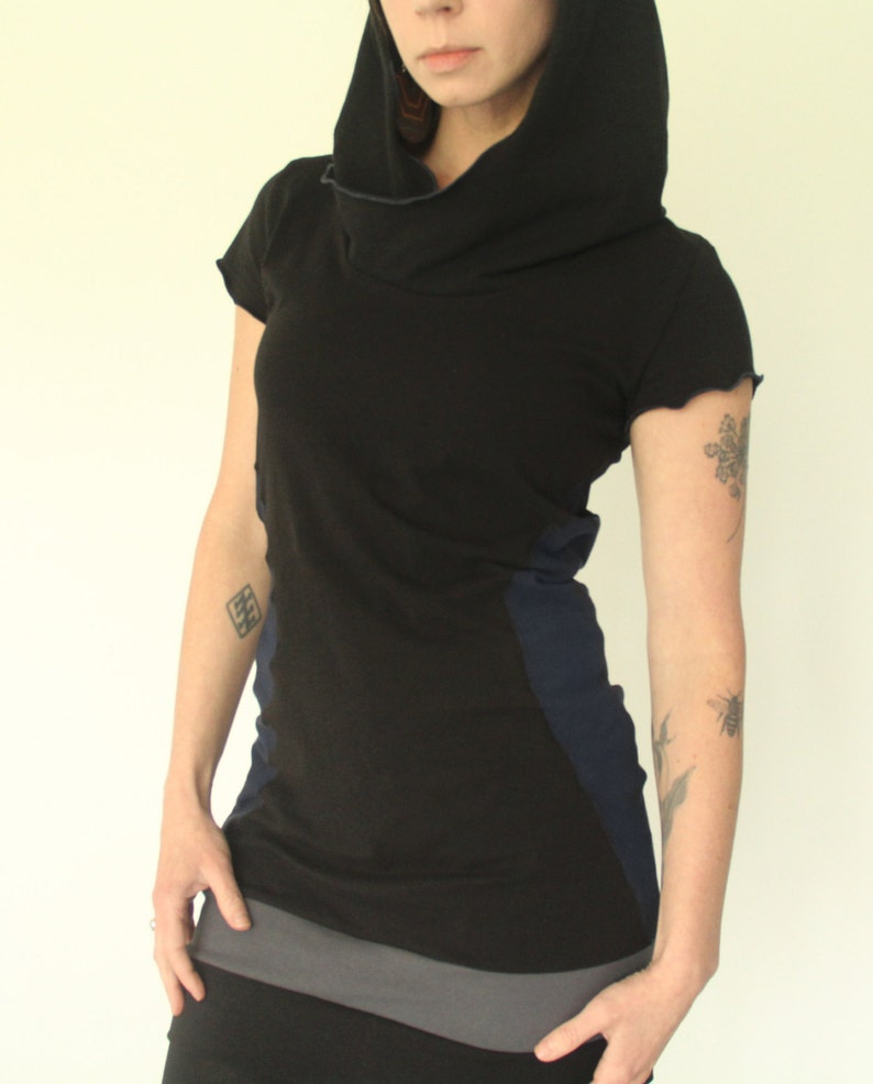 Short Sleeved Hooded Tunic Dress Black/navy Color Block Sides - Etsy