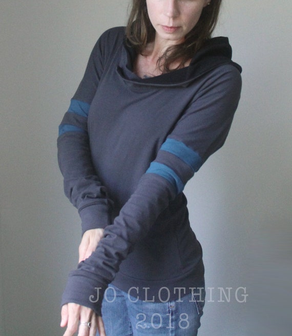 extra long sleeved hooded top/Cement Grey with Teal stripes | Etsy