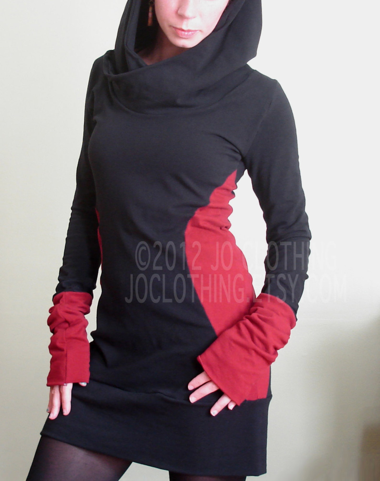 Extra Long Sleeved Hooded Tunic Dress Black/red Color Block - Etsy