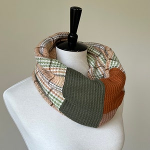 cowl sweater scarf/beige plaid, rust orange olive green/ready to ship image 3