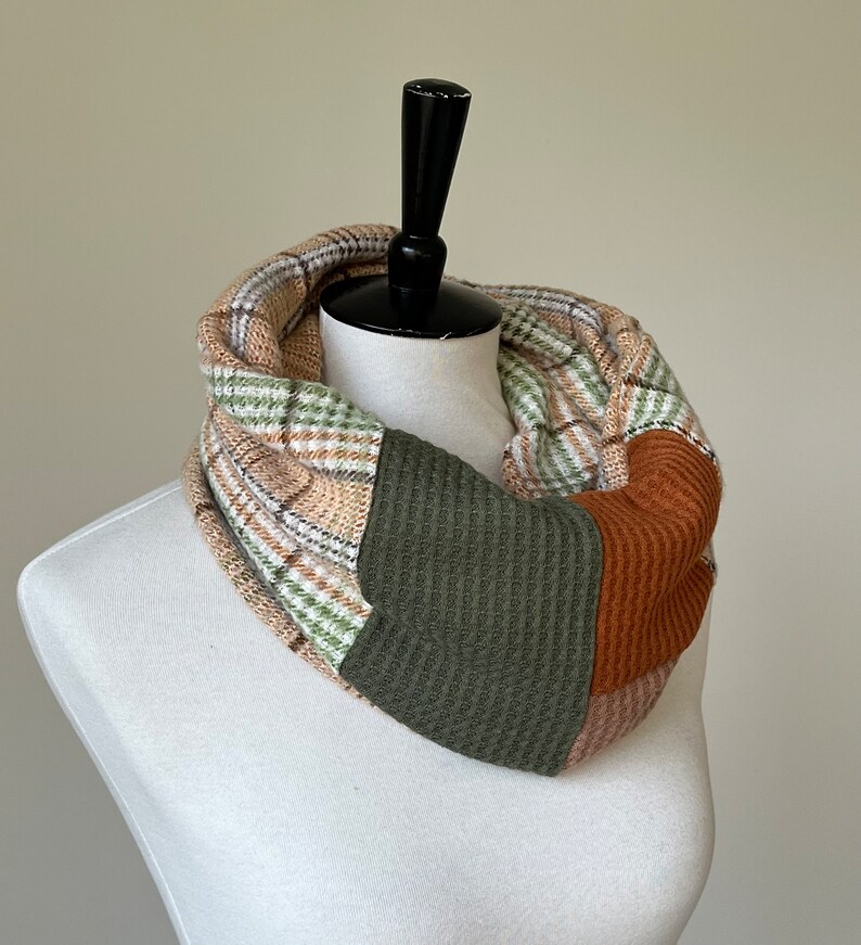 cowl sweater scarf/beige plaid, rust orange olive green/ready to ship image 3