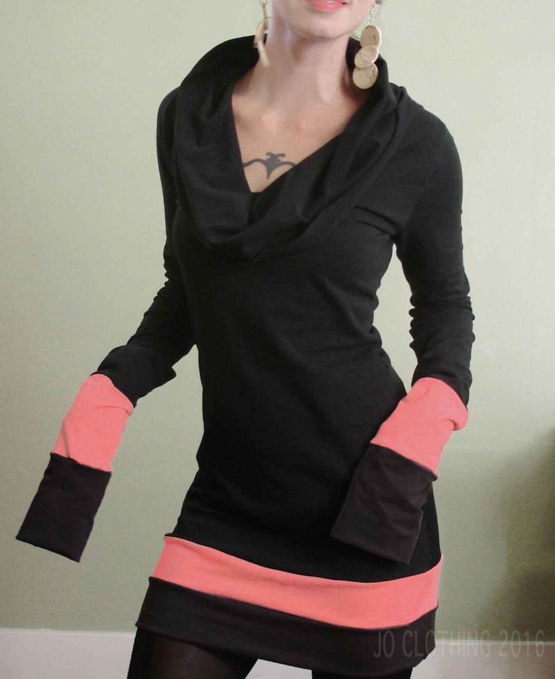 Cowl Tunic Dress /extra Long Sleeves Black With Coral Pink - Etsy