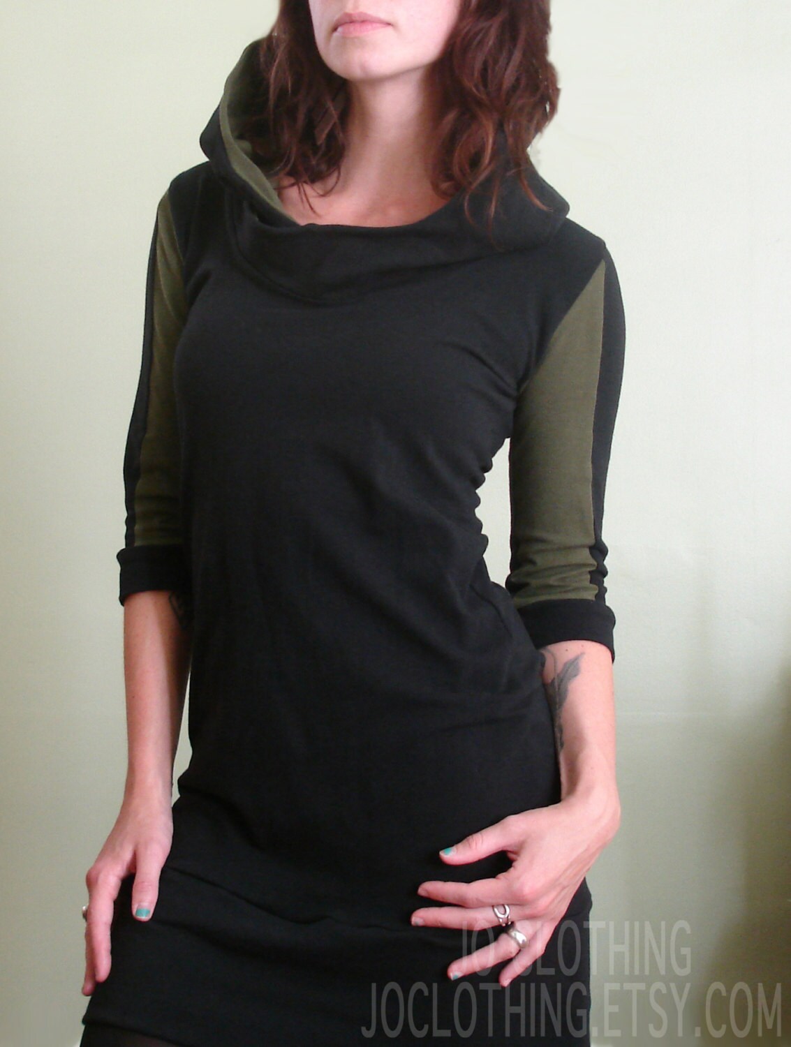 Half Sleeved Hooded Tunic Dress Black/dark Olive Green - Etsy