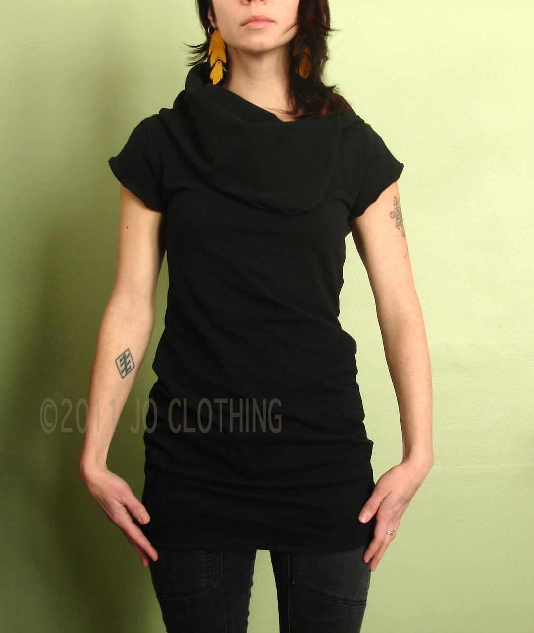 Black Cowl Tunic With Ribbed Collar