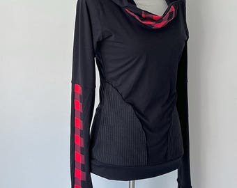 Bamboekatoenen jersey extra lange mouwen met capuchon of tuniekjurk met zakken/geruite plaid en zachte truidetails/op bestelling gemaakt