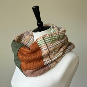 cowl sweater scarf/beige plaid, rust orange olive green/ready to ship image 1