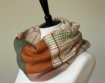 cowl sweater scarf/beige plaid, rust orange olive green/ready to ship