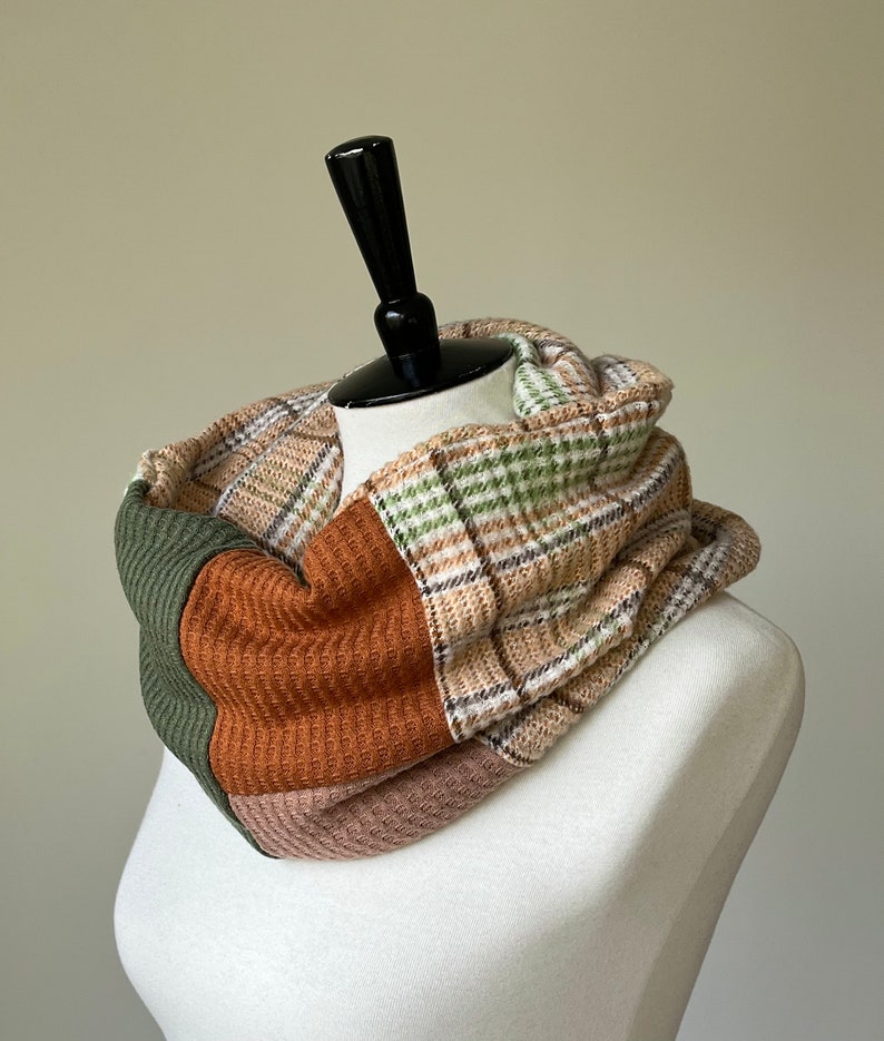 cowl sweater scarf/beige plaid, rust orange olive green/ready to ship image 1