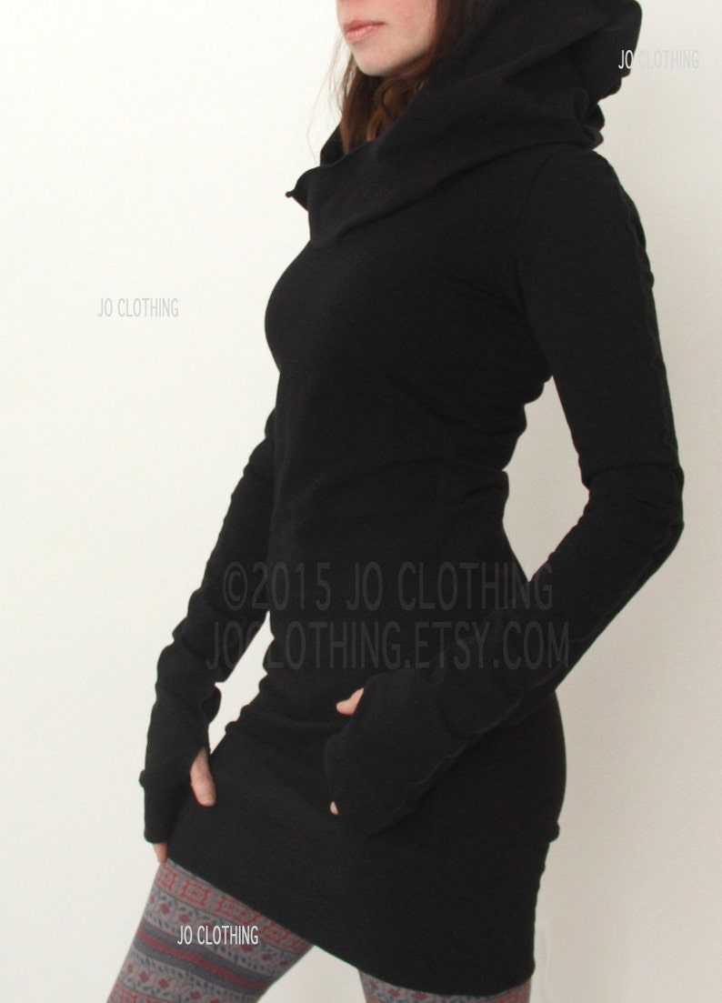 hooded tunic dress with thumb hole sleeves in BLACK/The ORIGINAL image 6