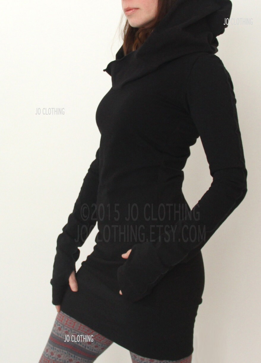 Hooded Tunic Dress With Thumb Hole Sleeves in Black/the