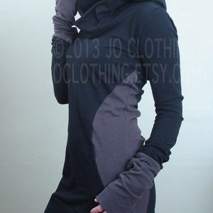 extra long sleeved hooded tunic dress Black/Cement color block sides image 4